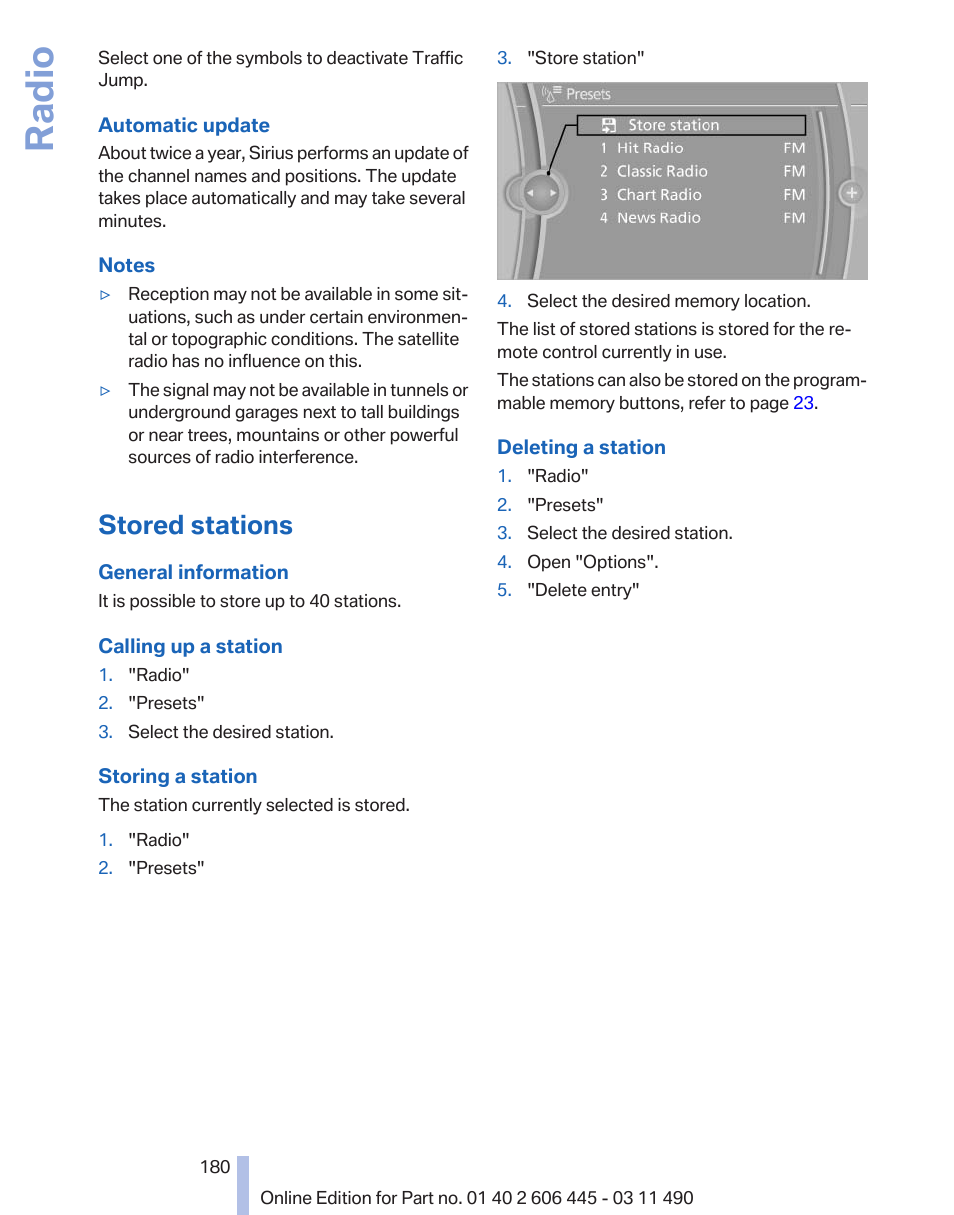 Stored stations, Radio | BMW 550i xDrive Gran Turismo 2011 User Manual | Page 180 / 297