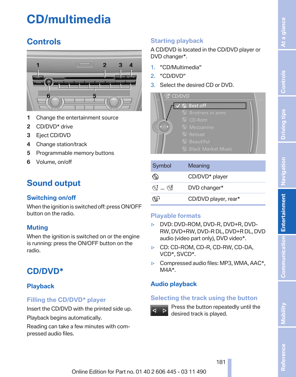 Cd/multimedia, Controls, Sound output | Cd/dvd | BMW 550i xDrive Gran Turismo 2011 User Manual | Page 181 / 297