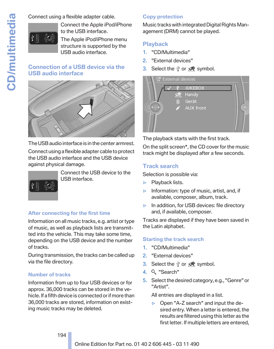 Cd/multimedia | BMW 550i xDrive Gran Turismo 2011 User Manual | Page 194 / 297