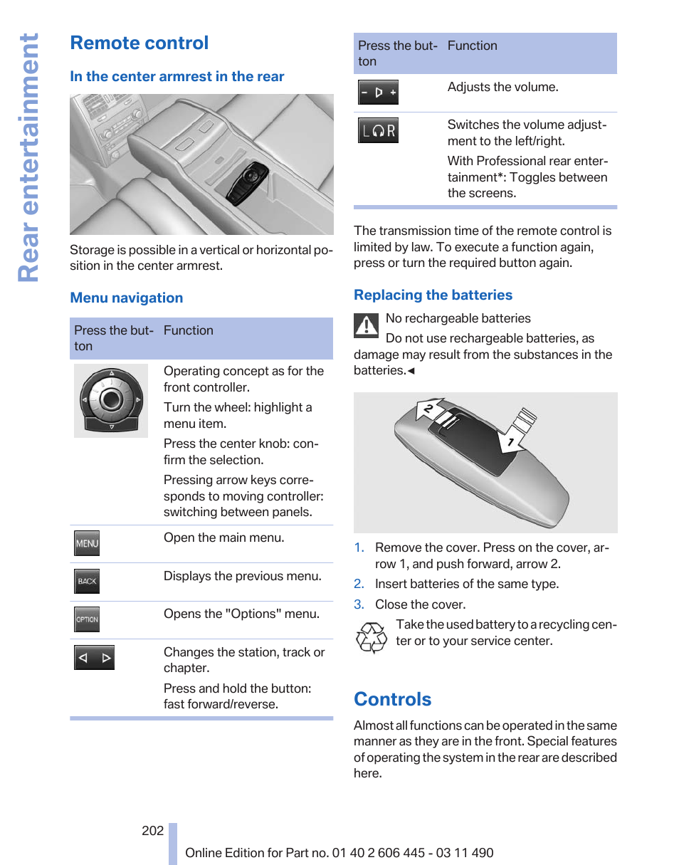 Remote control, Controls, Rear entertainment | BMW 550i xDrive Gran Turismo 2011 User Manual | Page 202 / 297