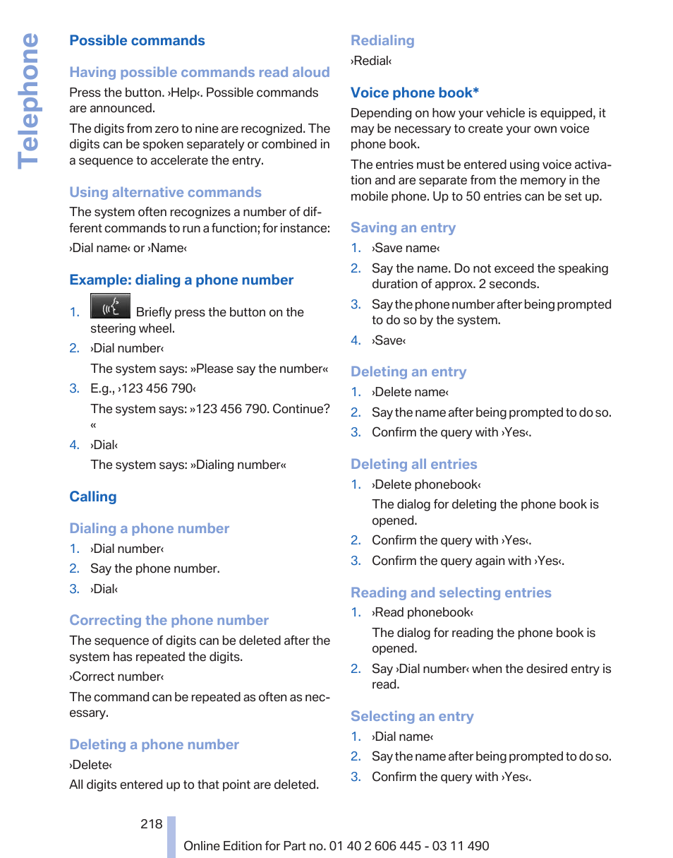 Telephone | BMW 550i xDrive Gran Turismo 2011 User Manual | Page 218 / 297