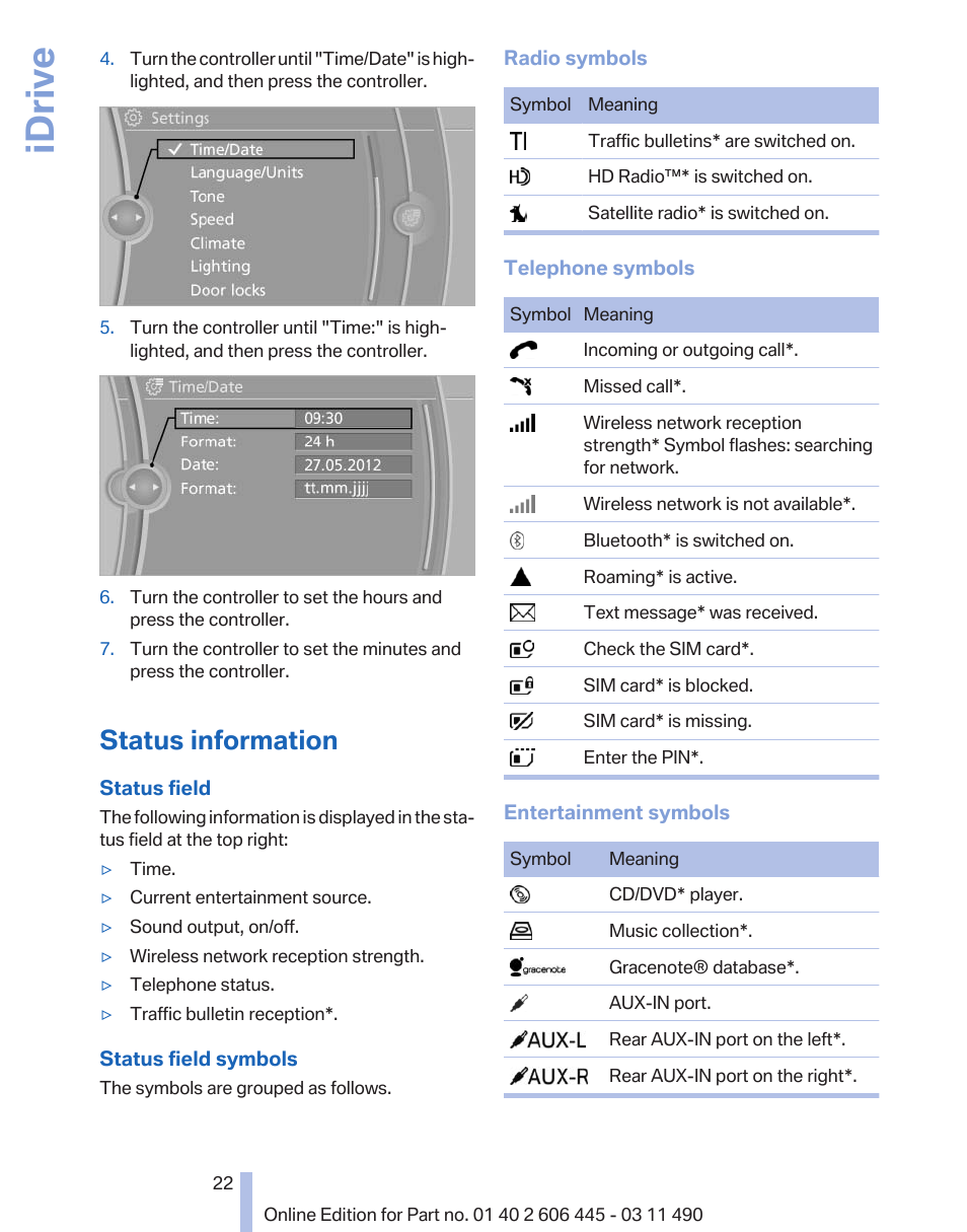 Status information, Idrive | BMW 550i xDrive Gran Turismo 2011 User Manual | Page 22 / 297