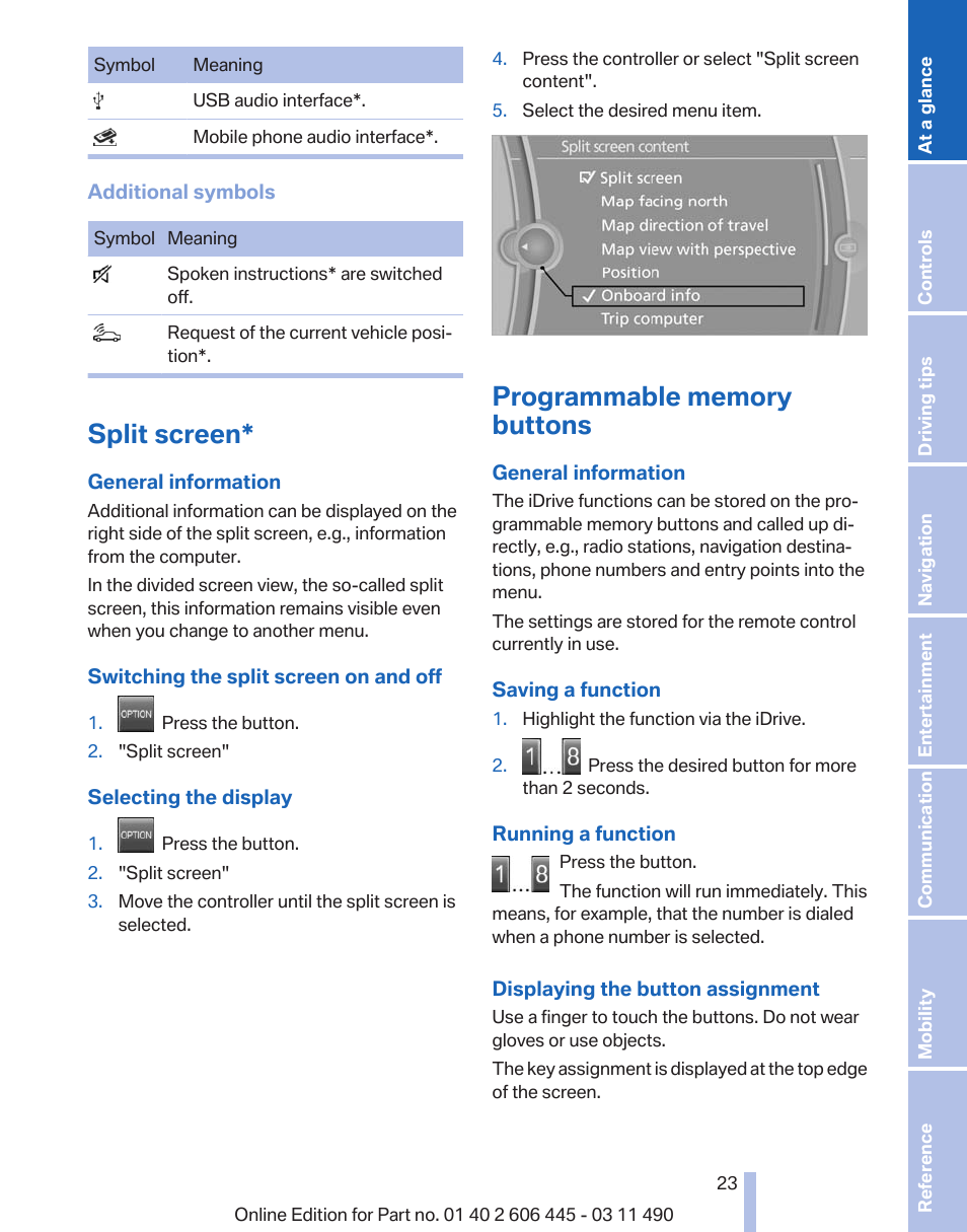 Split screen, Programmable memory buttons | BMW 550i xDrive Gran Turismo 2011 User Manual | Page 23 / 297