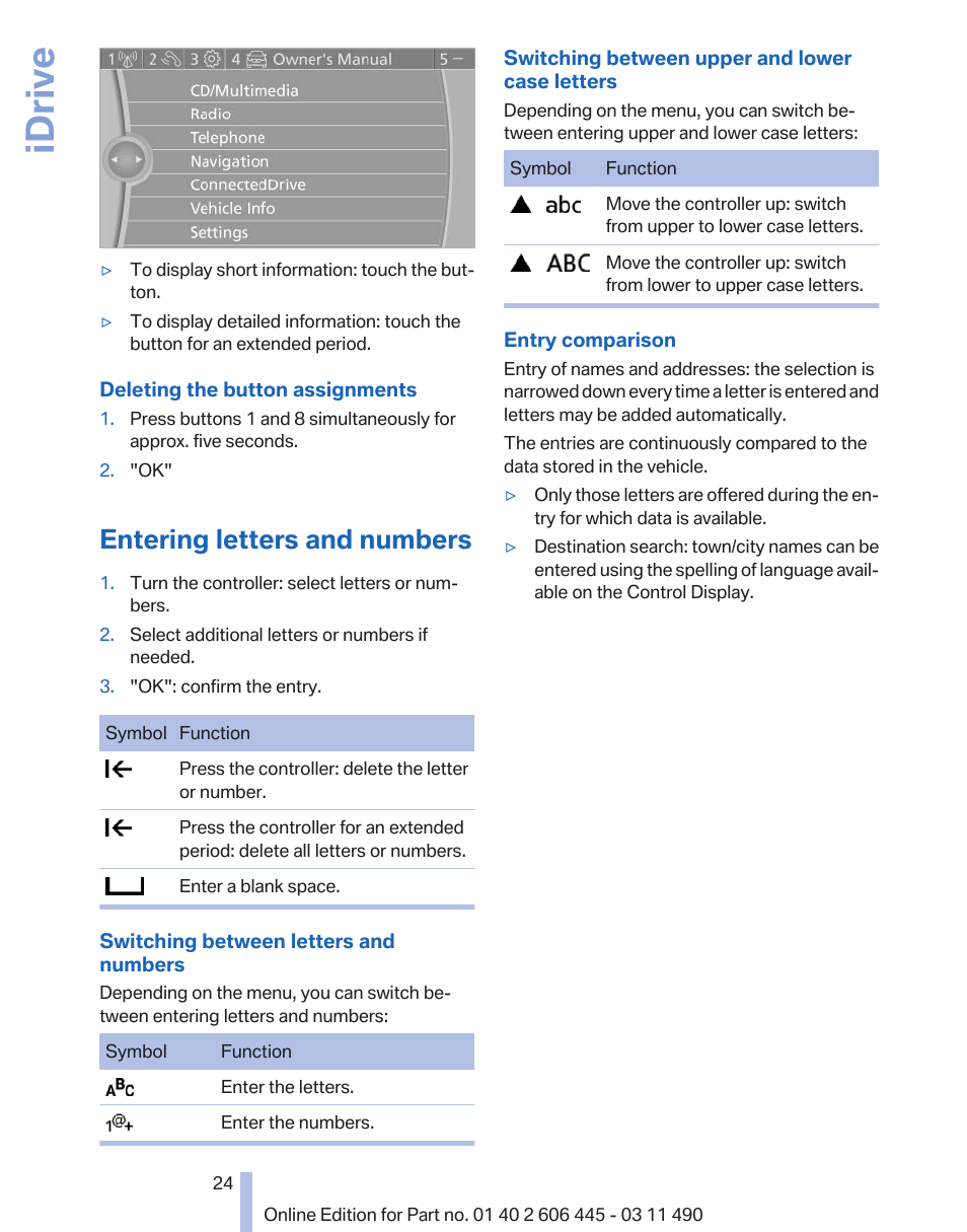 Entering letters and numbers, Idrive | BMW 550i xDrive Gran Turismo 2011 User Manual | Page 24 / 297