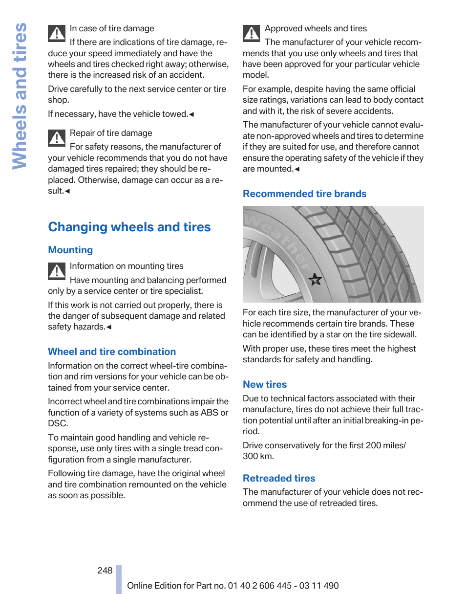 Changing wheels and tires, Wheels and tires | BMW 550i xDrive Gran Turismo 2011 User Manual | Page 248 / 297