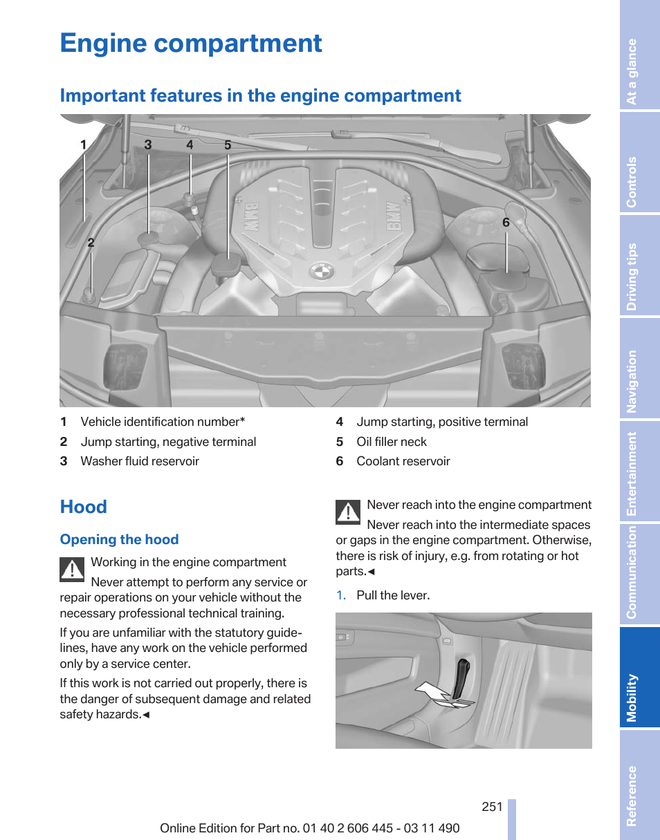 Engine compartment, Important features in the engine compartment, Hood | BMW 550i xDrive Gran Turismo 2011 User Manual | Page 251 / 297