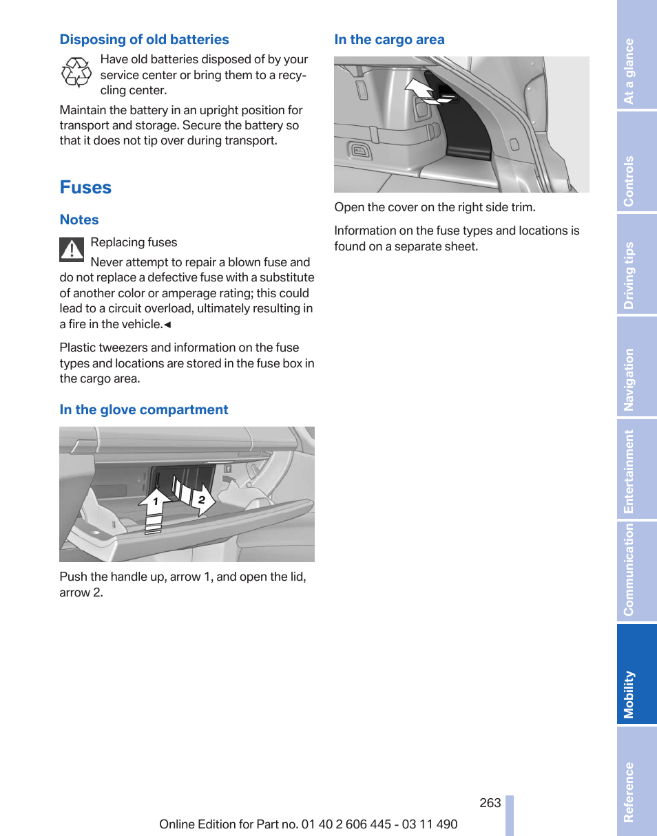 Fuses | BMW 550i xDrive Gran Turismo 2011 User Manual | Page 263 / 297