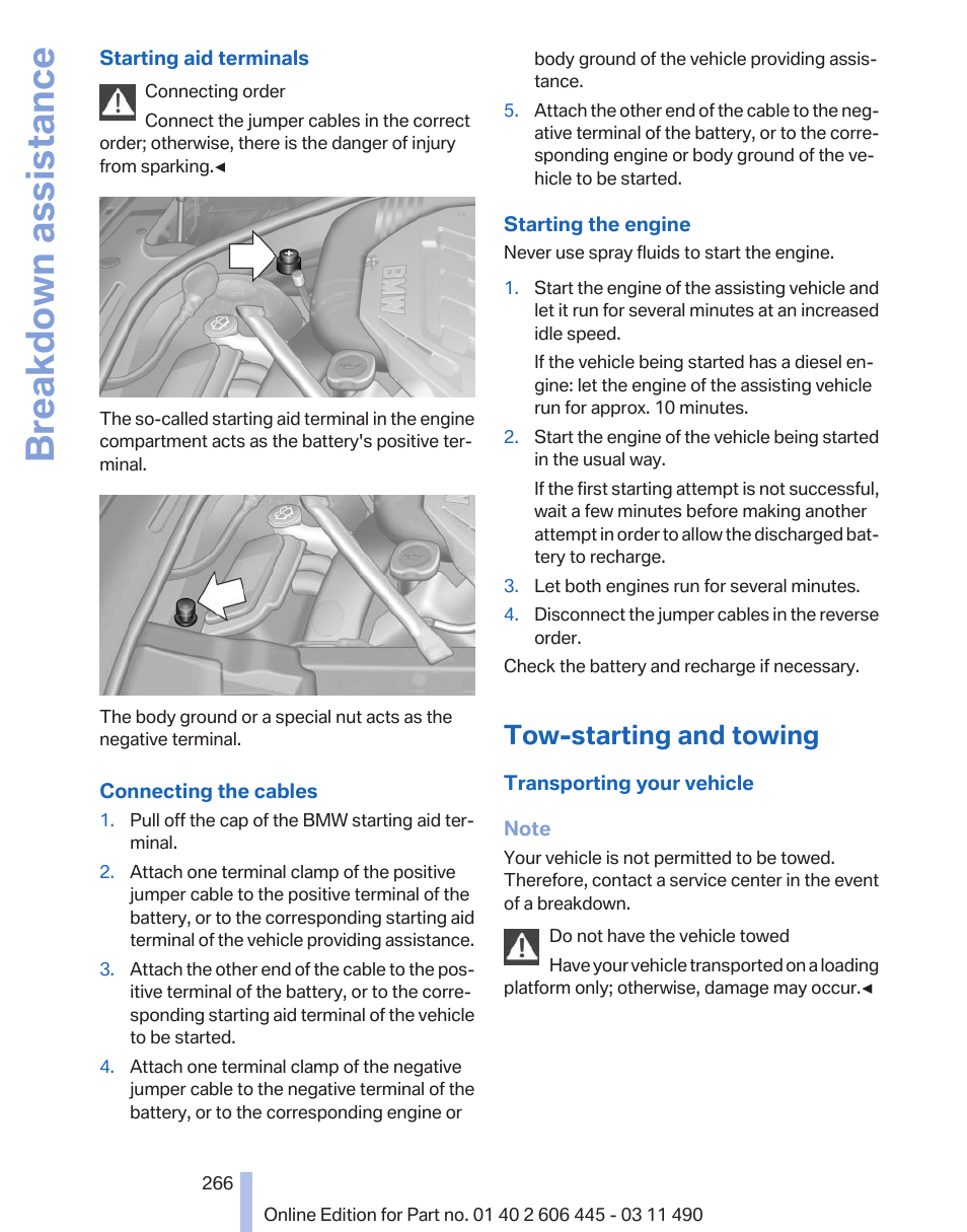 Tow-starting and towing, Breakdown assistance | BMW 550i xDrive Gran Turismo 2011 User Manual | Page 266 / 297