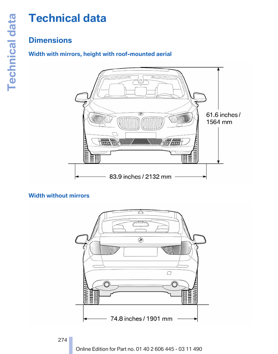 Technical data, Dimensions | BMW 550i xDrive Gran Turismo 2011 User Manual | Page 274 / 297