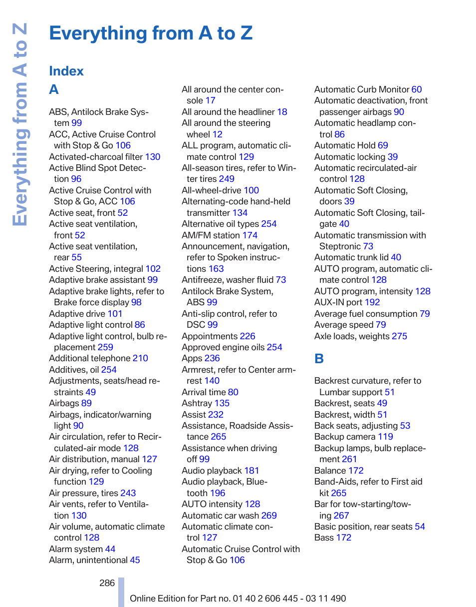 Everything from a to z, Index a | BMW 550i xDrive Gran Turismo 2011 User Manual | Page 286 / 297