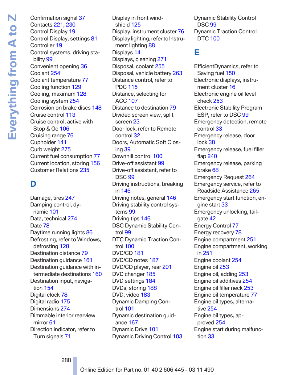 Everything from a to z | BMW 550i xDrive Gran Turismo 2011 User Manual | Page 288 / 297