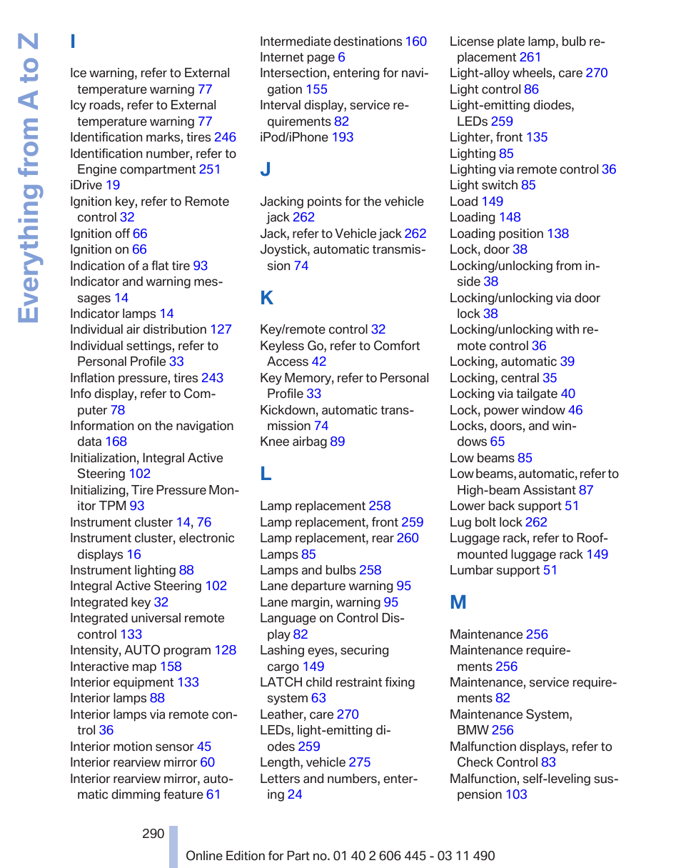 Everything from a to z | BMW 550i xDrive Gran Turismo 2011 User Manual | Page 290 / 297