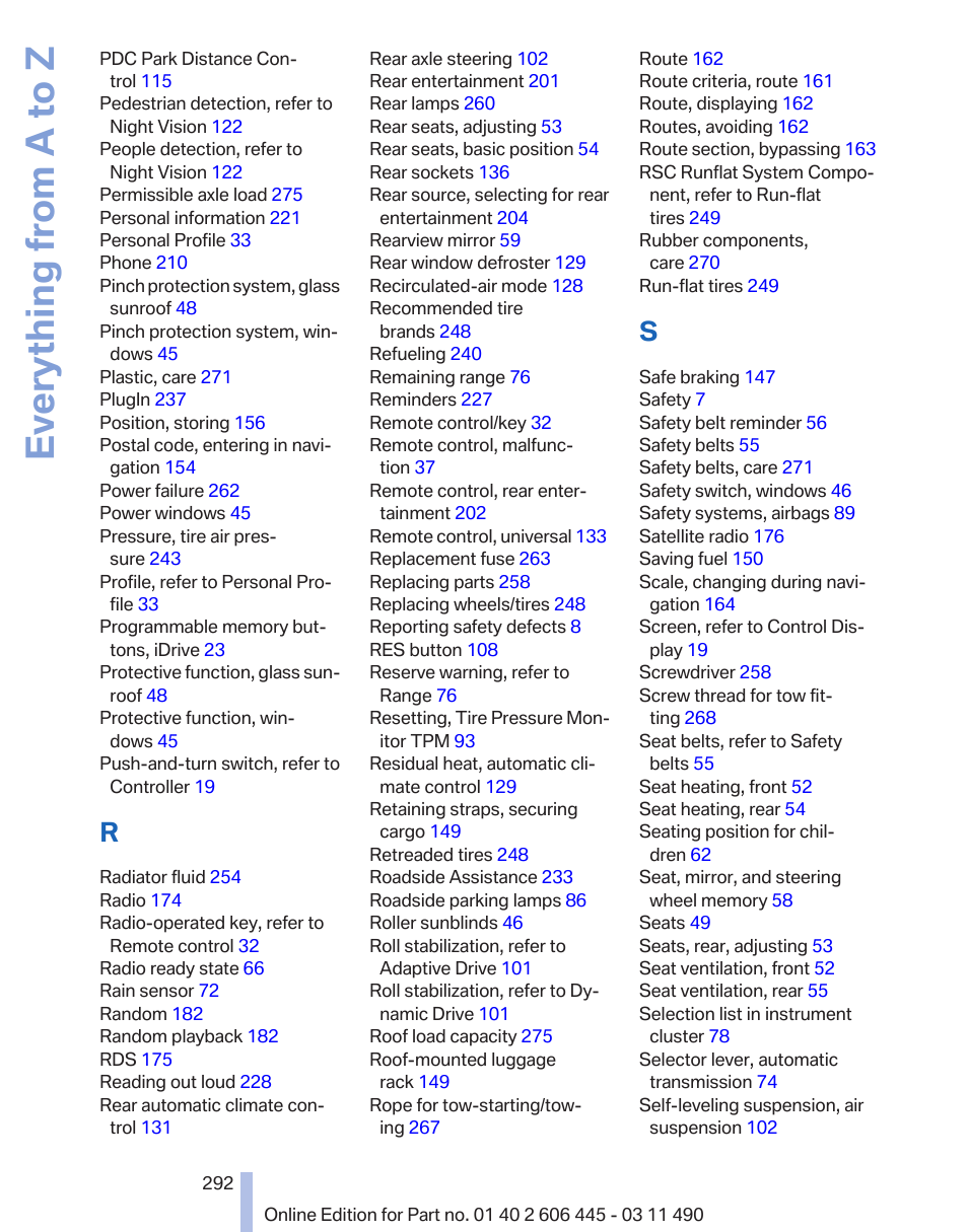 Everything from a to z | BMW 550i xDrive Gran Turismo 2011 User Manual | Page 292 / 297