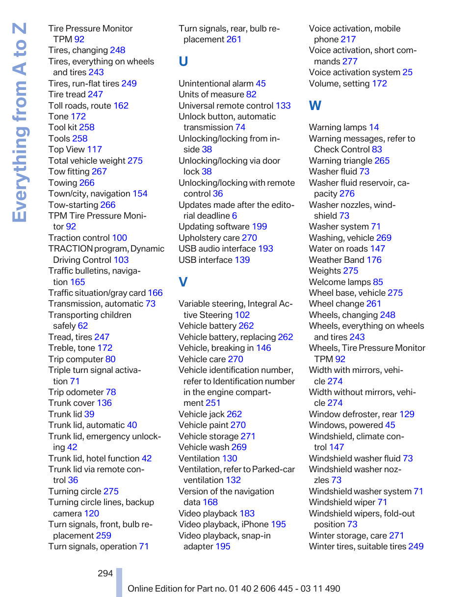 Everything from a to z | BMW 550i xDrive Gran Turismo 2011 User Manual | Page 294 / 297