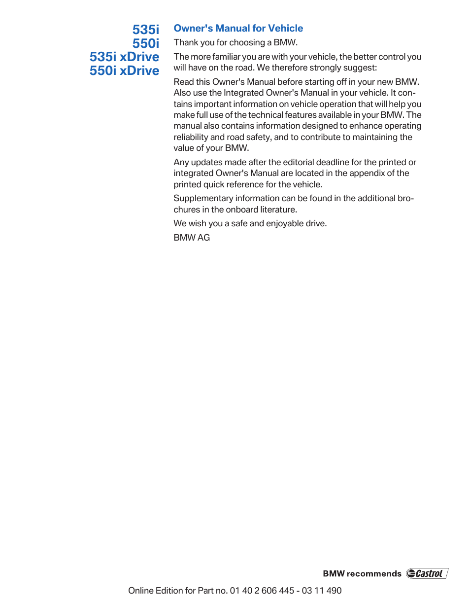 BMW 550i xDrive Gran Turismo 2011 User Manual | Page 3 / 297