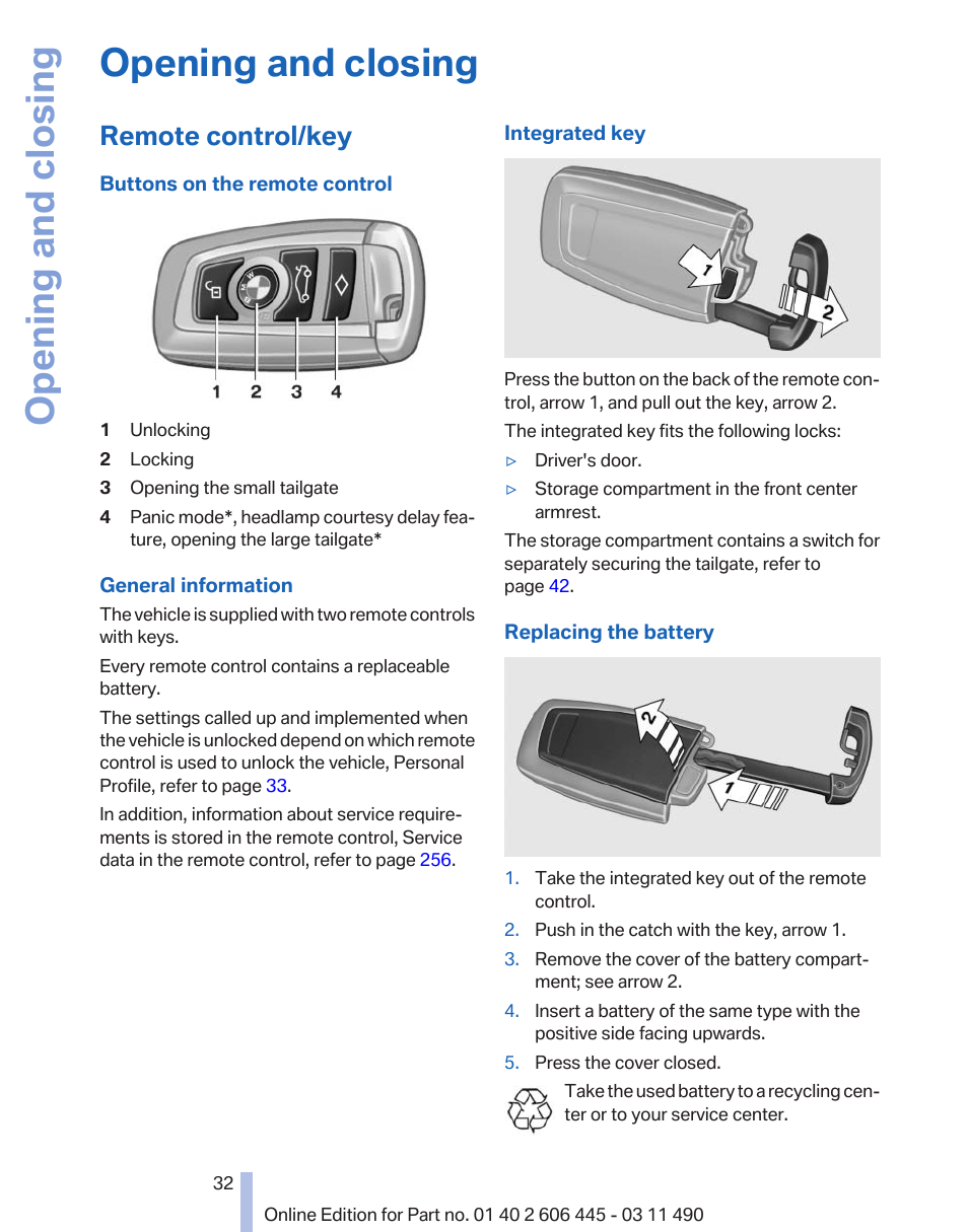 Opening and closing, Remote control/key | BMW 550i xDrive Gran Turismo 2011 User Manual | Page 32 / 297