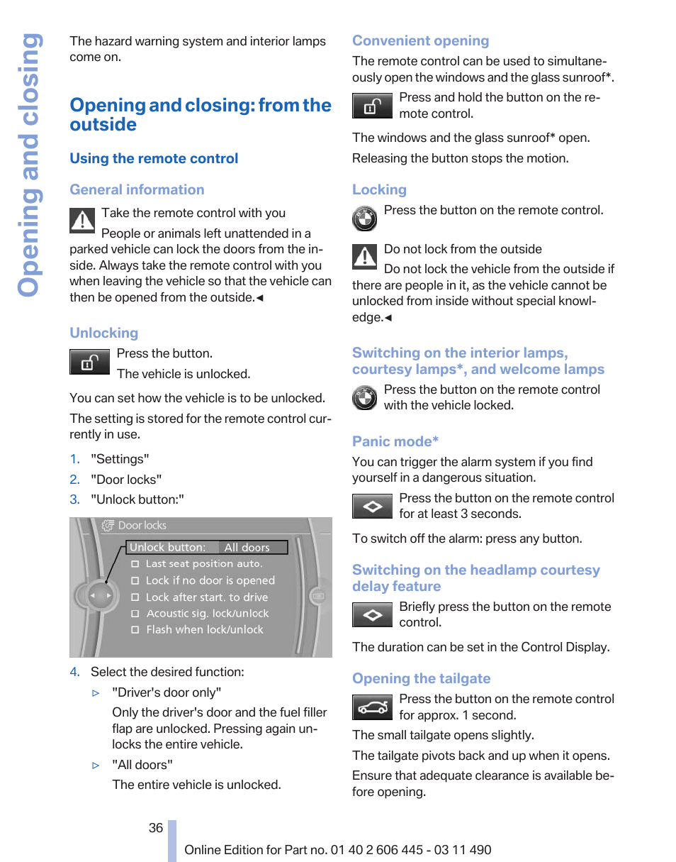 Opening and closing: from the outside, Opening and closing | BMW 550i xDrive Gran Turismo 2011 User Manual | Page 36 / 297