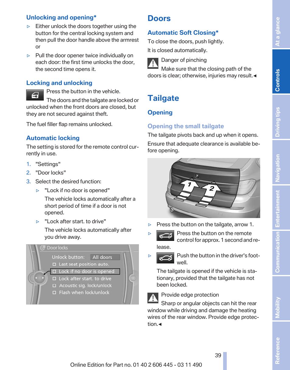 Doors, Tailgate, After | BMW 550i xDrive Gran Turismo 2011 User Manual | Page 39 / 297