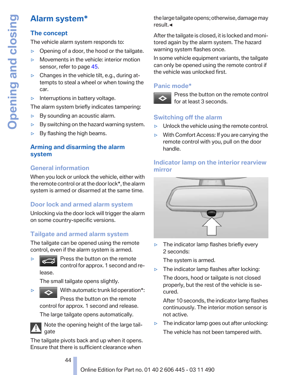 Alarm system, Opening and closing | BMW 550i xDrive Gran Turismo 2011 User Manual | Page 44 / 297