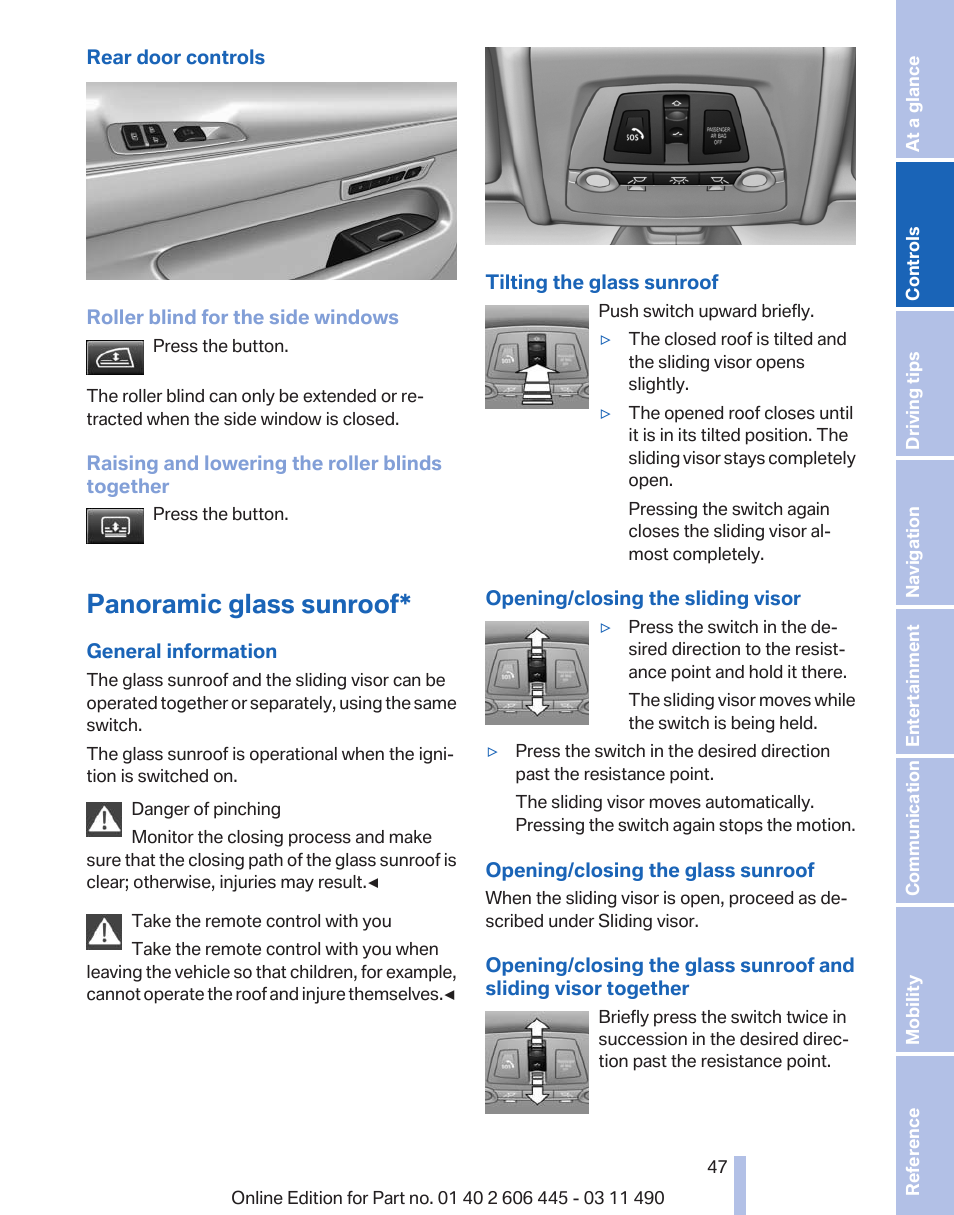 Panoramic glass sunroof | BMW 550i xDrive Gran Turismo 2011 User Manual | Page 47 / 297