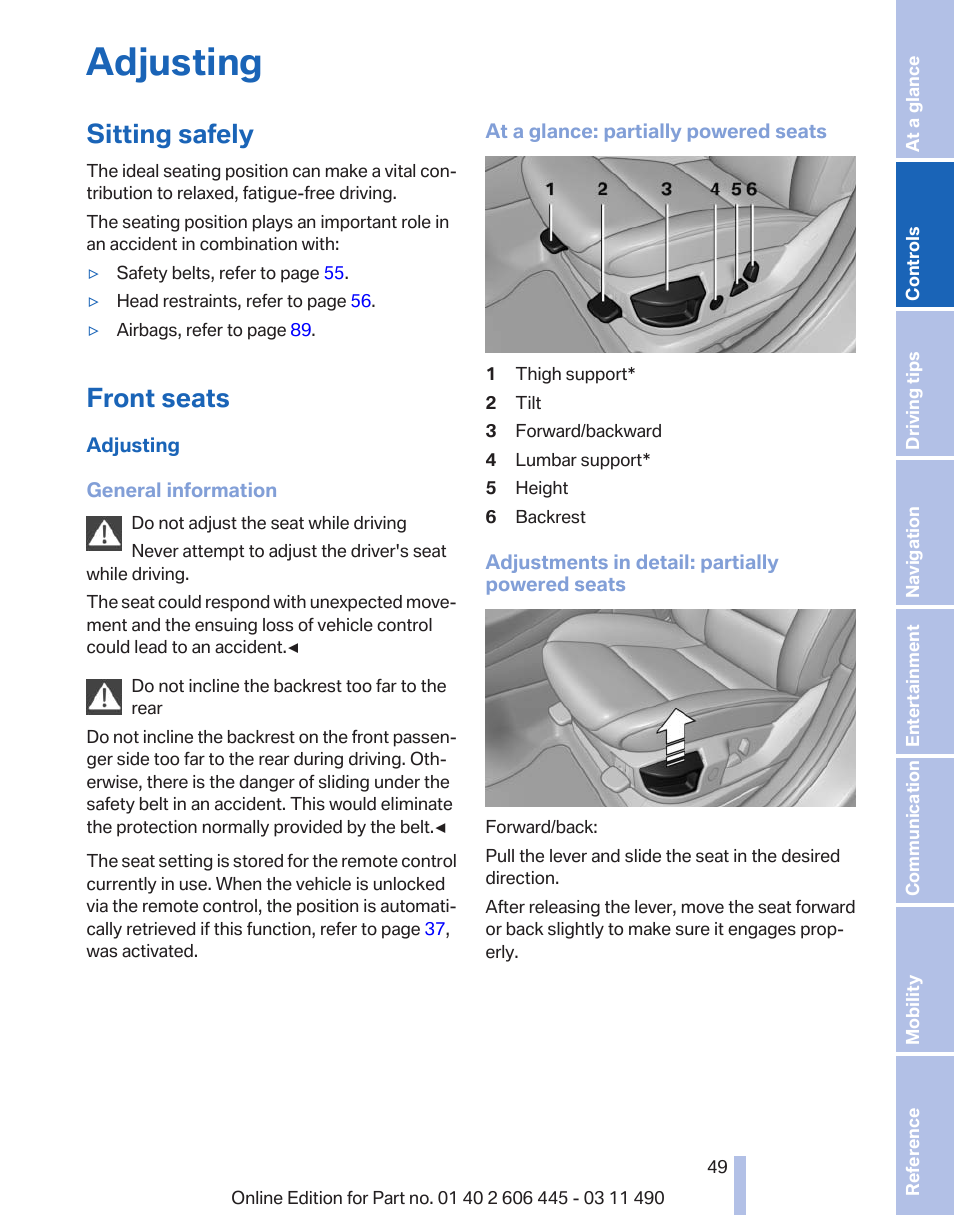 Adjusting, Sitting safely, Front seats | BMW 550i xDrive Gran Turismo 2011 User Manual | Page 49 / 297