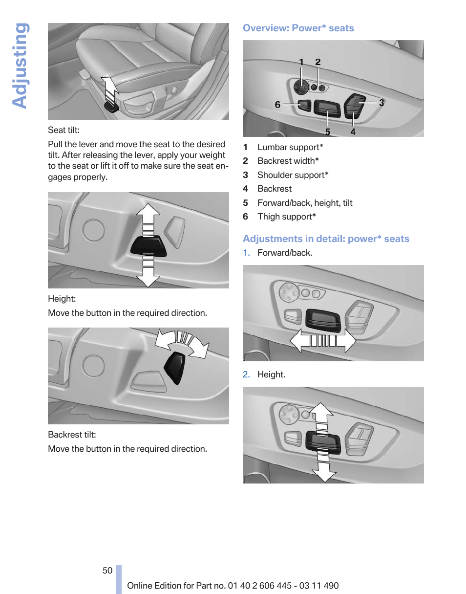 Adjusting | BMW 550i xDrive Gran Turismo 2011 User Manual | Page 50 / 297