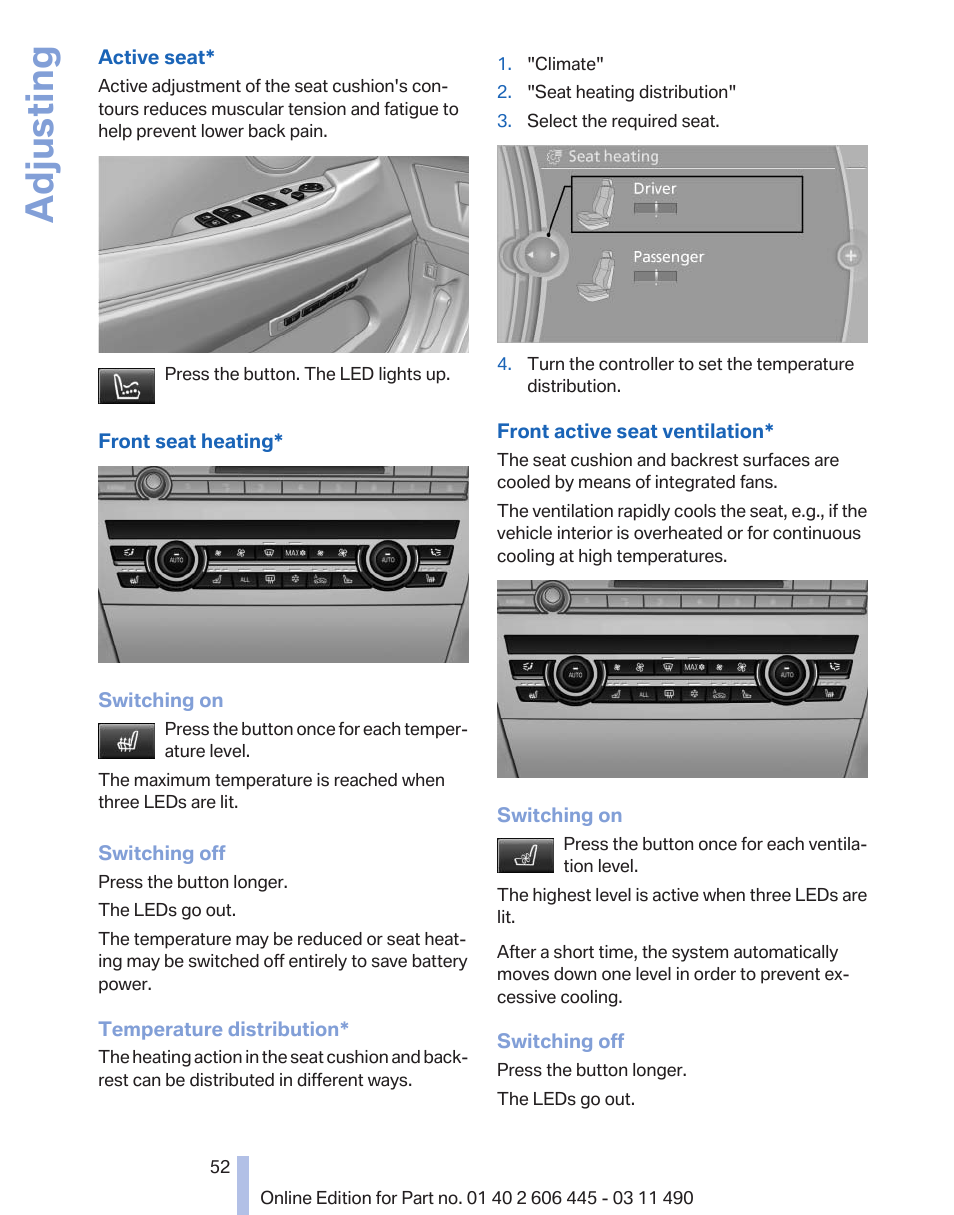 Active seat, Adjusting | BMW 550i xDrive Gran Turismo 2011 User Manual | Page 52 / 297