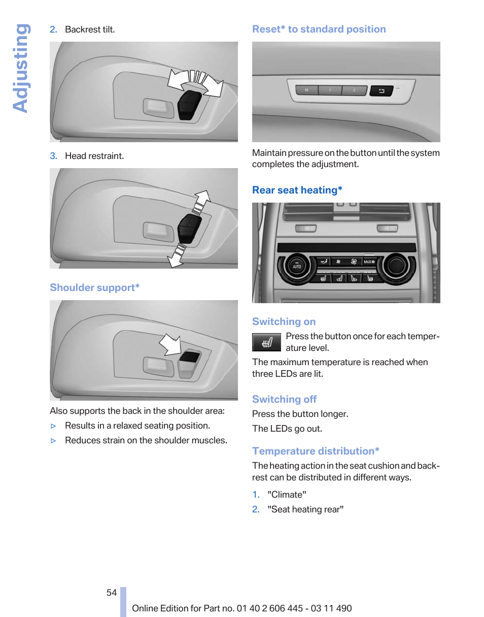 Adjusting | BMW 550i xDrive Gran Turismo 2011 User Manual | Page 54 / 297