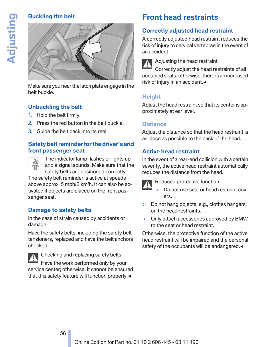 Front head restraints, Adjusting | BMW 550i xDrive Gran Turismo 2011 User Manual | Page 56 / 297