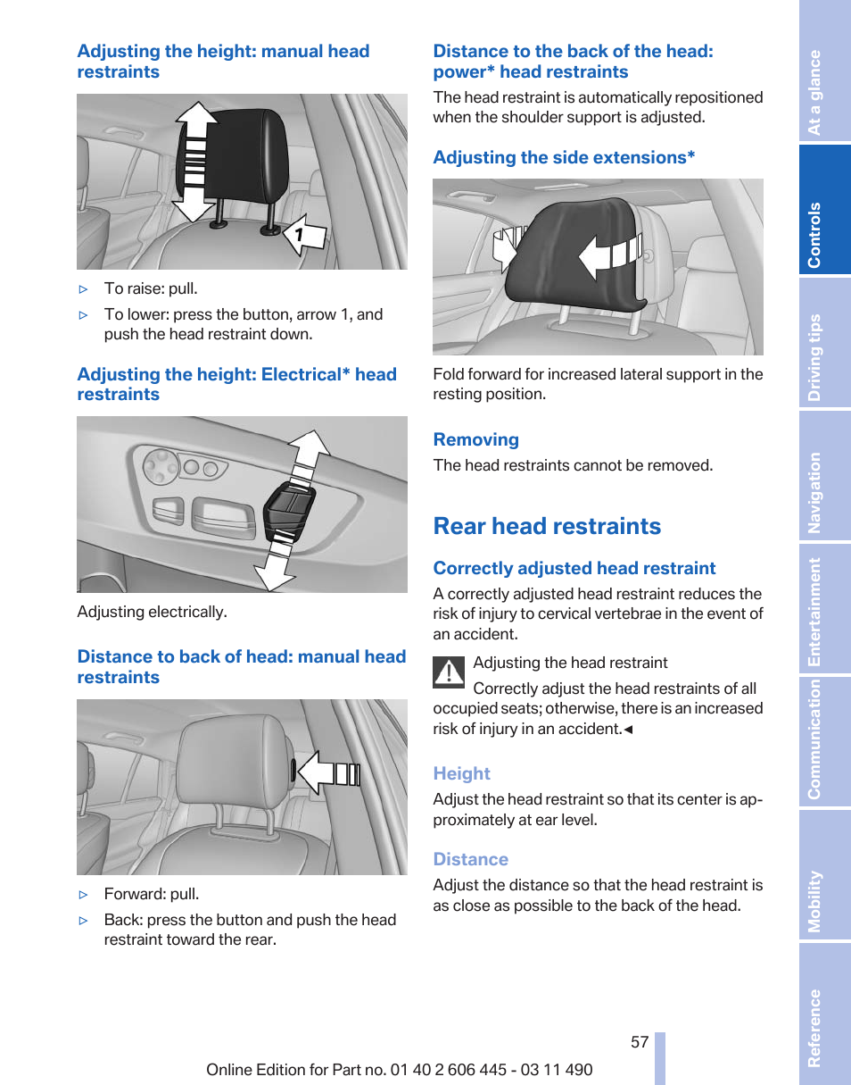 Rear head restraints | BMW 550i xDrive Gran Turismo 2011 User Manual | Page 57 / 297