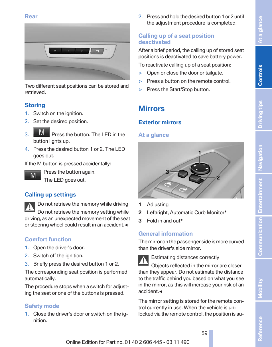 Mirrors, Exterior mirror operation | BMW 550i xDrive Gran Turismo 2011 User Manual | Page 59 / 297