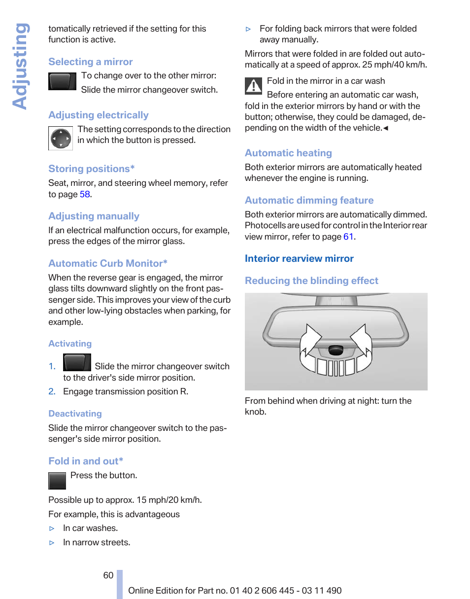 Adjusting | BMW 550i xDrive Gran Turismo 2011 User Manual | Page 60 / 297