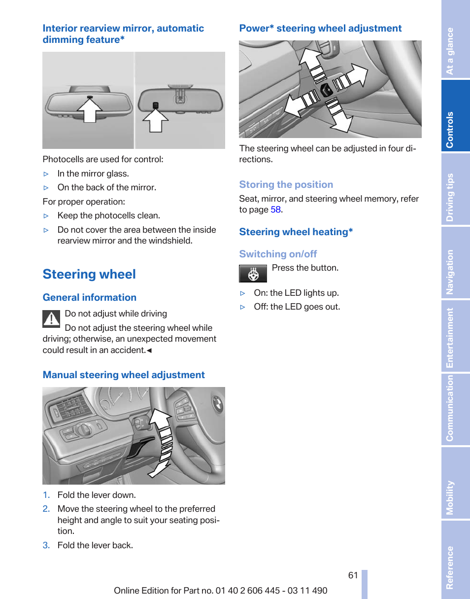 Steering wheel, Steering wheel heating | BMW 550i xDrive Gran Turismo 2011 User Manual | Page 61 / 297