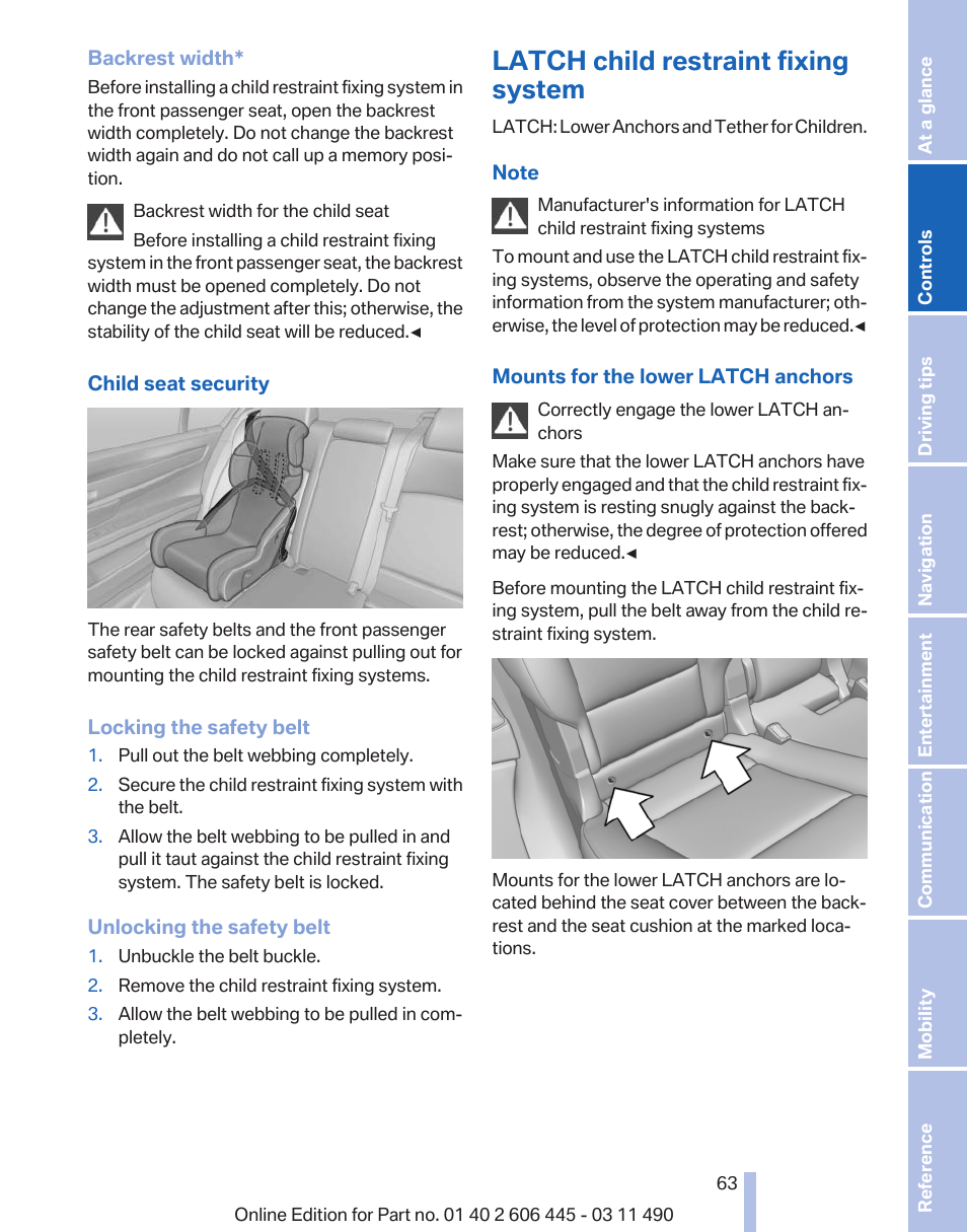 Latch child restraint fixing system | BMW 550i xDrive Gran Turismo 2011 User Manual | Page 63 / 297