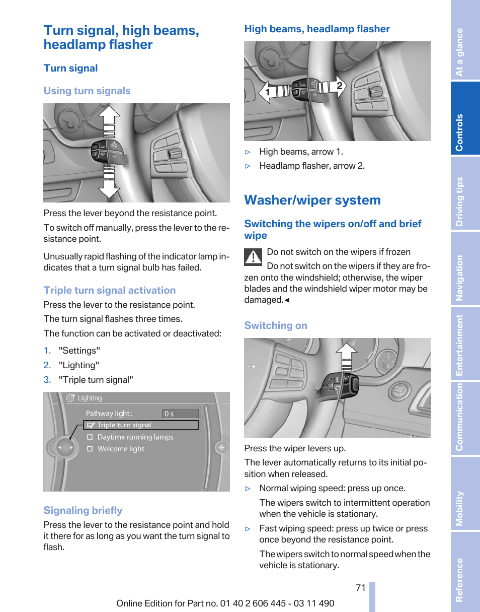 Turn signal, high beams, headlamp flasher, Washer/wiper system, Turn signal | BMW 550i xDrive Gran Turismo 2011 User Manual | Page 71 / 297