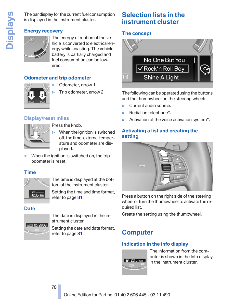 Selection lists in the instrument cluster, Computer, Reset miles | Selection list, for instance radio, Displays | BMW 550i xDrive Gran Turismo 2011 User Manual | Page 78 / 297