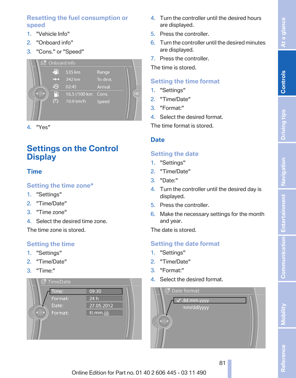 Settings on the control display, Clock | BMW 550i xDrive Gran Turismo 2011 User Manual | Page 81 / 297