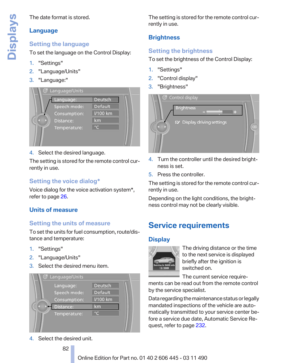 Service requirements, Service display, Displays | BMW 550i xDrive Gran Turismo 2011 User Manual | Page 82 / 297