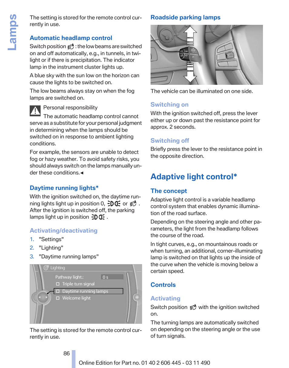 Adaptive light control, Lamps | BMW 550i xDrive Gran Turismo 2011 User Manual | Page 86 / 297