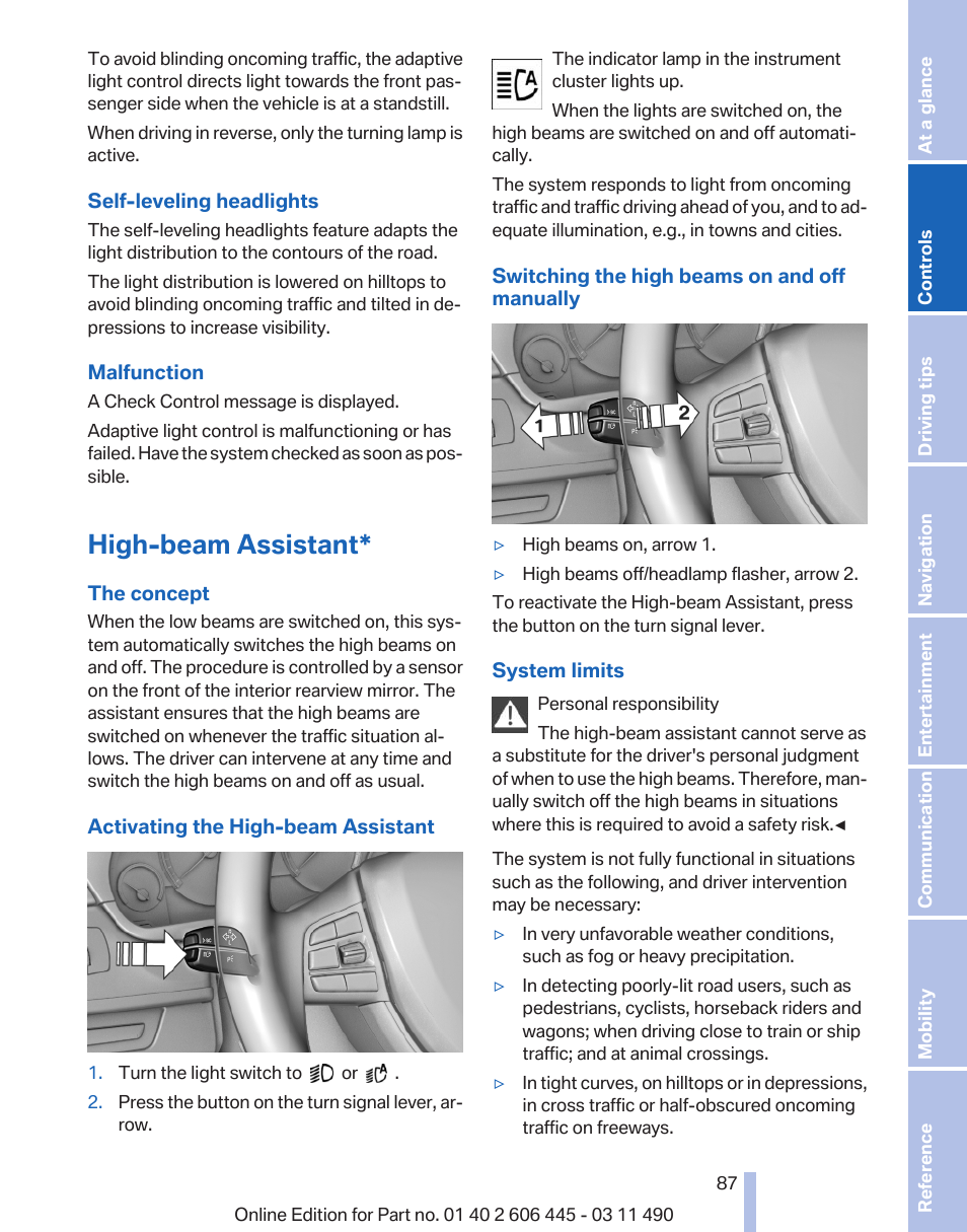 High-beam assistant | BMW 550i xDrive Gran Turismo 2011 User Manual | Page 87 / 297