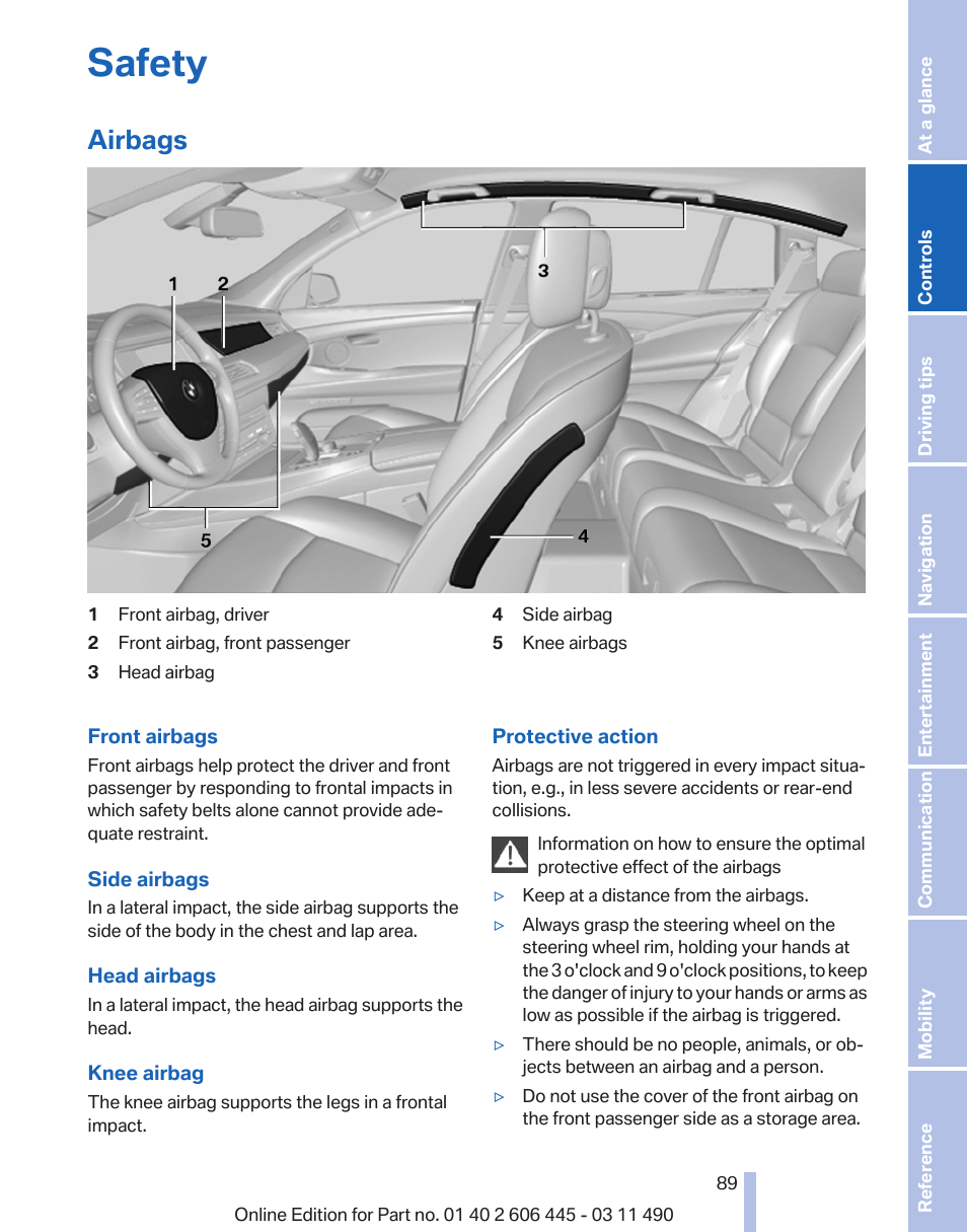 Safety, Airbags | BMW 550i xDrive Gran Turismo 2011 User Manual | Page 89 / 297