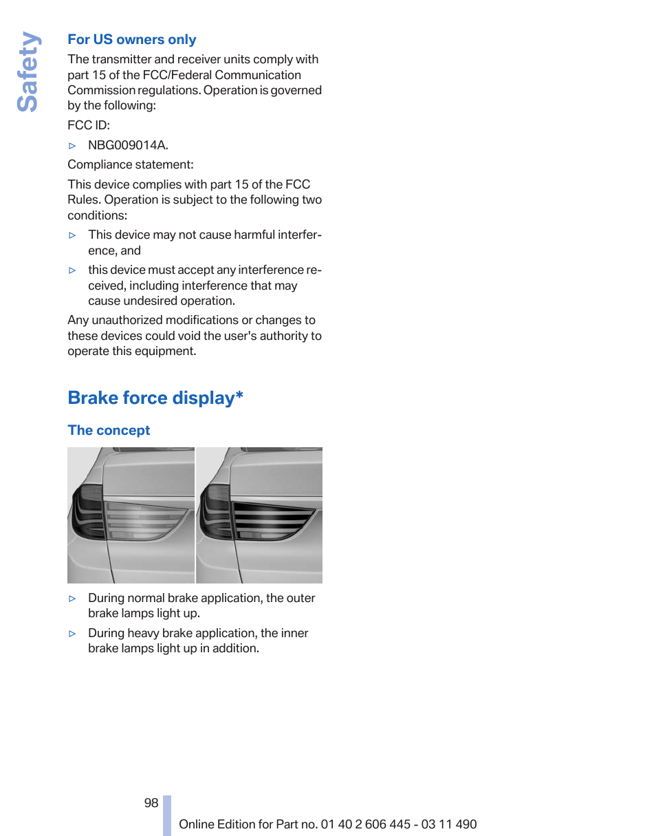 Brake force display, Safety | BMW 550i xDrive Gran Turismo 2011 User Manual | Page 98 / 297