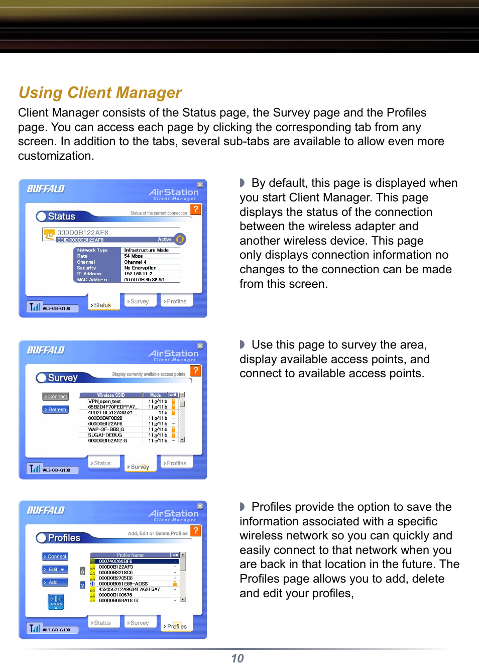 Using client manager | Buffalo Technology WLI-CB-G108 User Manual | Page 10 / 16