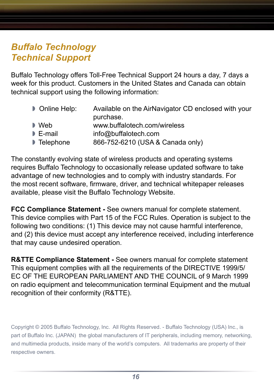 Buffalo technology technical support | Buffalo Technology WLI-CB-G108 User Manual | Page 16 / 16