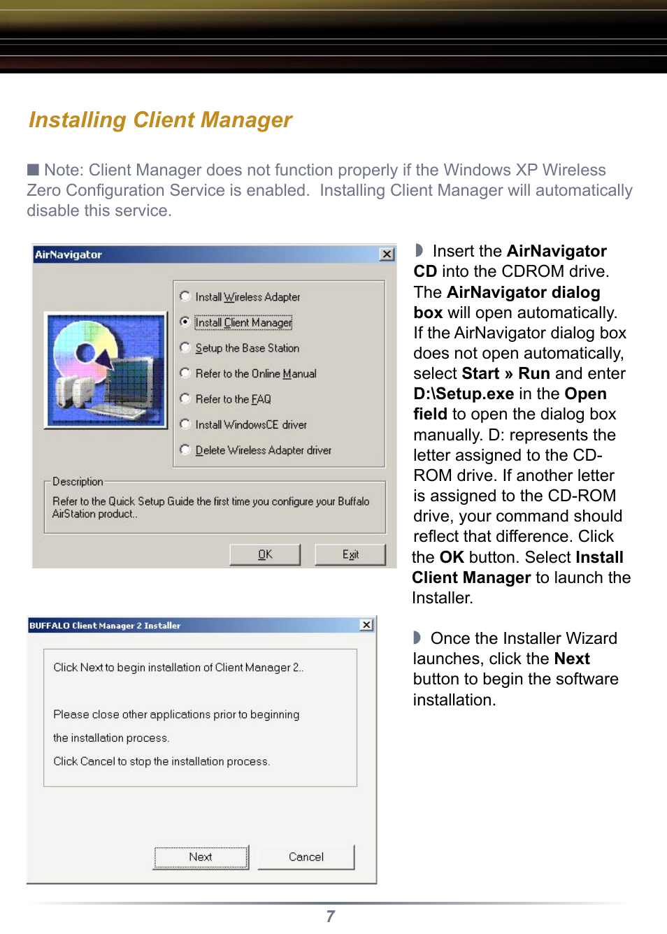 Installing client manager | Buffalo Technology WLI-CB-G108 User Manual | Page 7 / 16