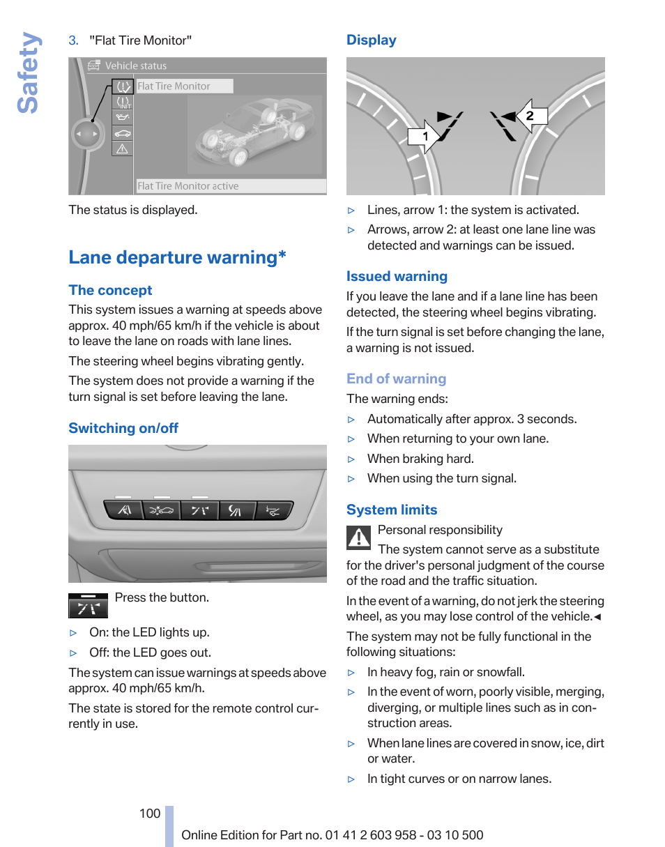 Lane departure warning, Lane departure warning* 100, Safety | BMW ActiveHybrid 750Li 2011 User Manual | Page 100 / 280