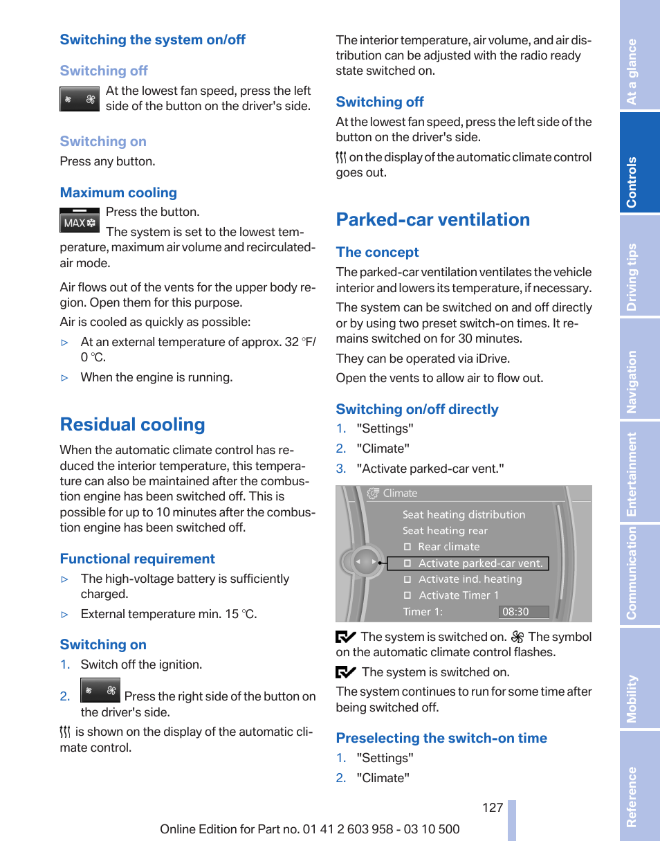 Residual cooling, Parked-car ventilation | BMW ActiveHybrid 750Li 2011 User Manual | Page 127 / 280