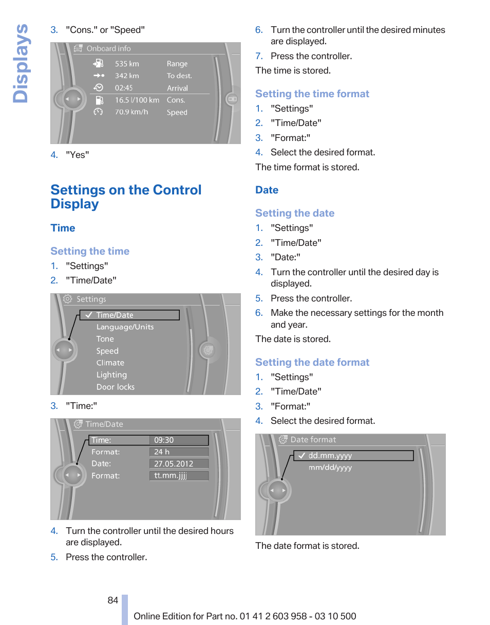 Settings on the control display, Clock 84, Displays | BMW ActiveHybrid 750Li 2011 User Manual | Page 84 / 280