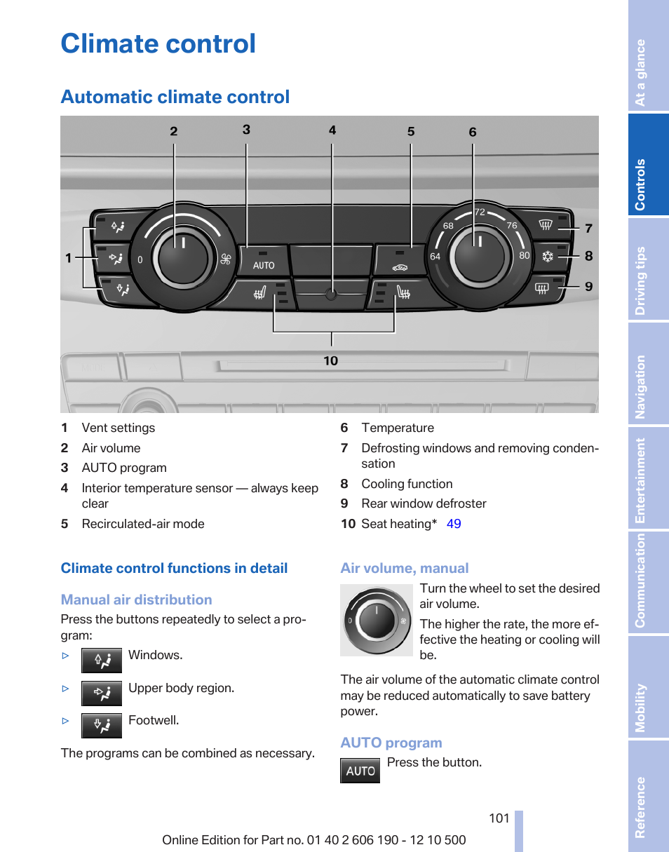 Climate control, Automatic climate control | BMW X3 xDrive35i 2011 User Manual | Page 101 / 262