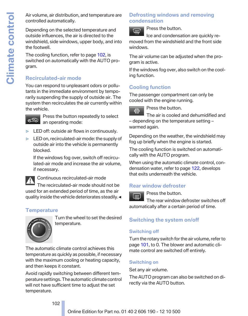 Climate control | BMW X3 xDrive35i 2011 User Manual | Page 102 / 262